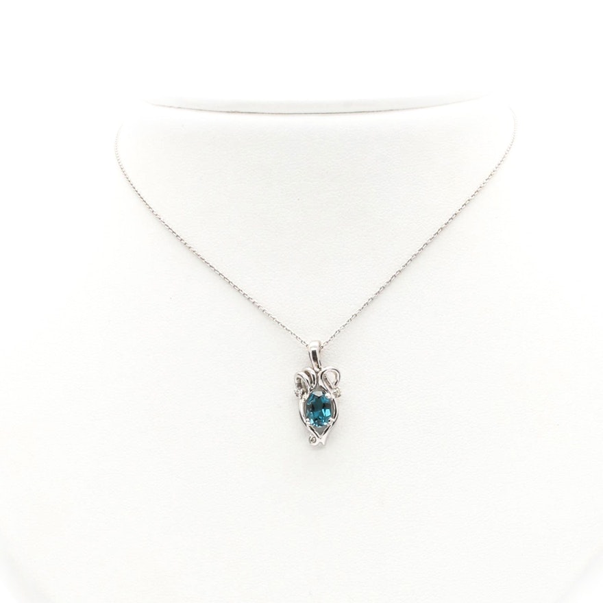 14K and 18K White Gold Blue Topaz and Diamond Necklace