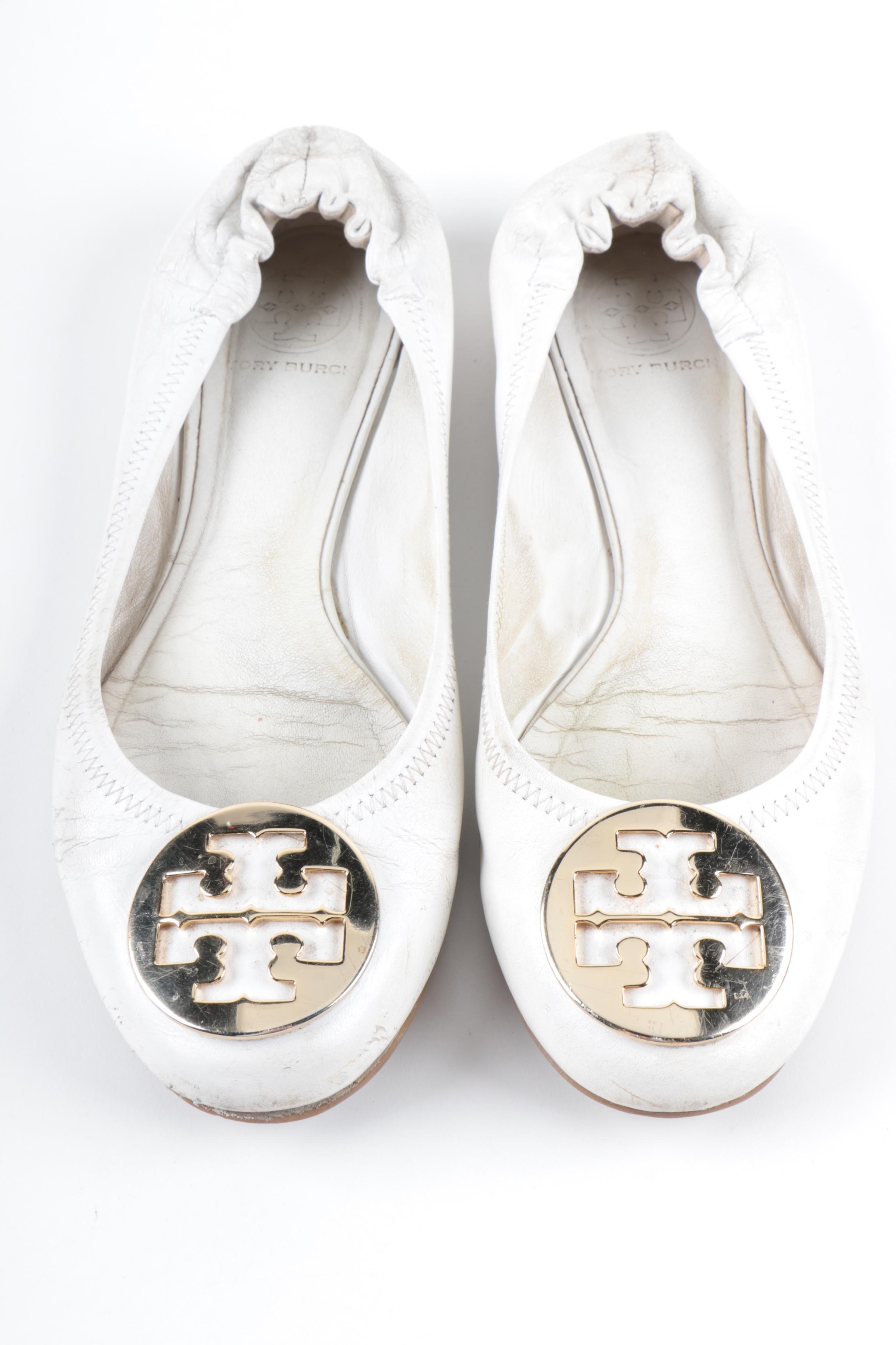 Tory Burch Reva Ballet White Leather Flats