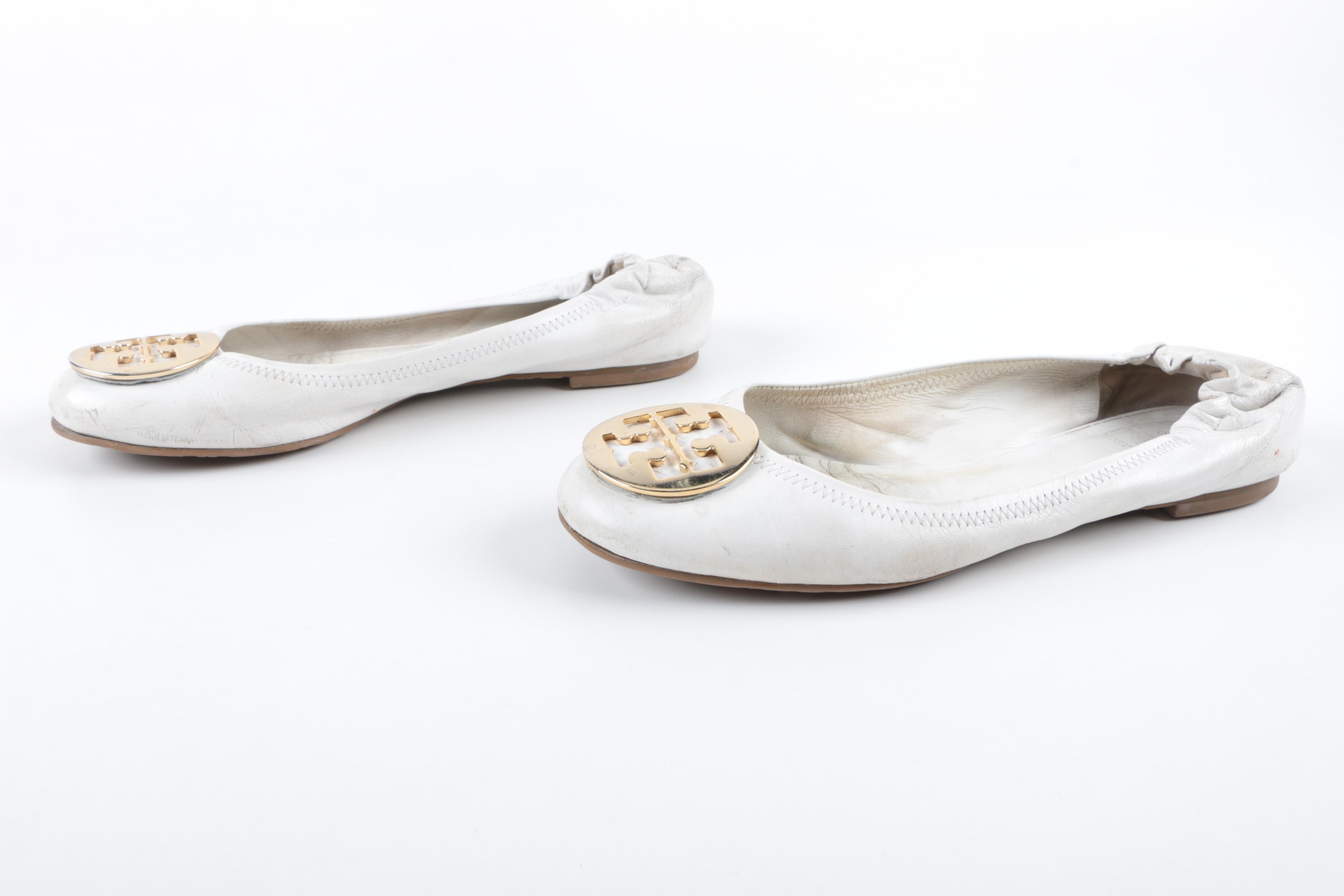 Tory Burch Reva Ballet White Leather Flats