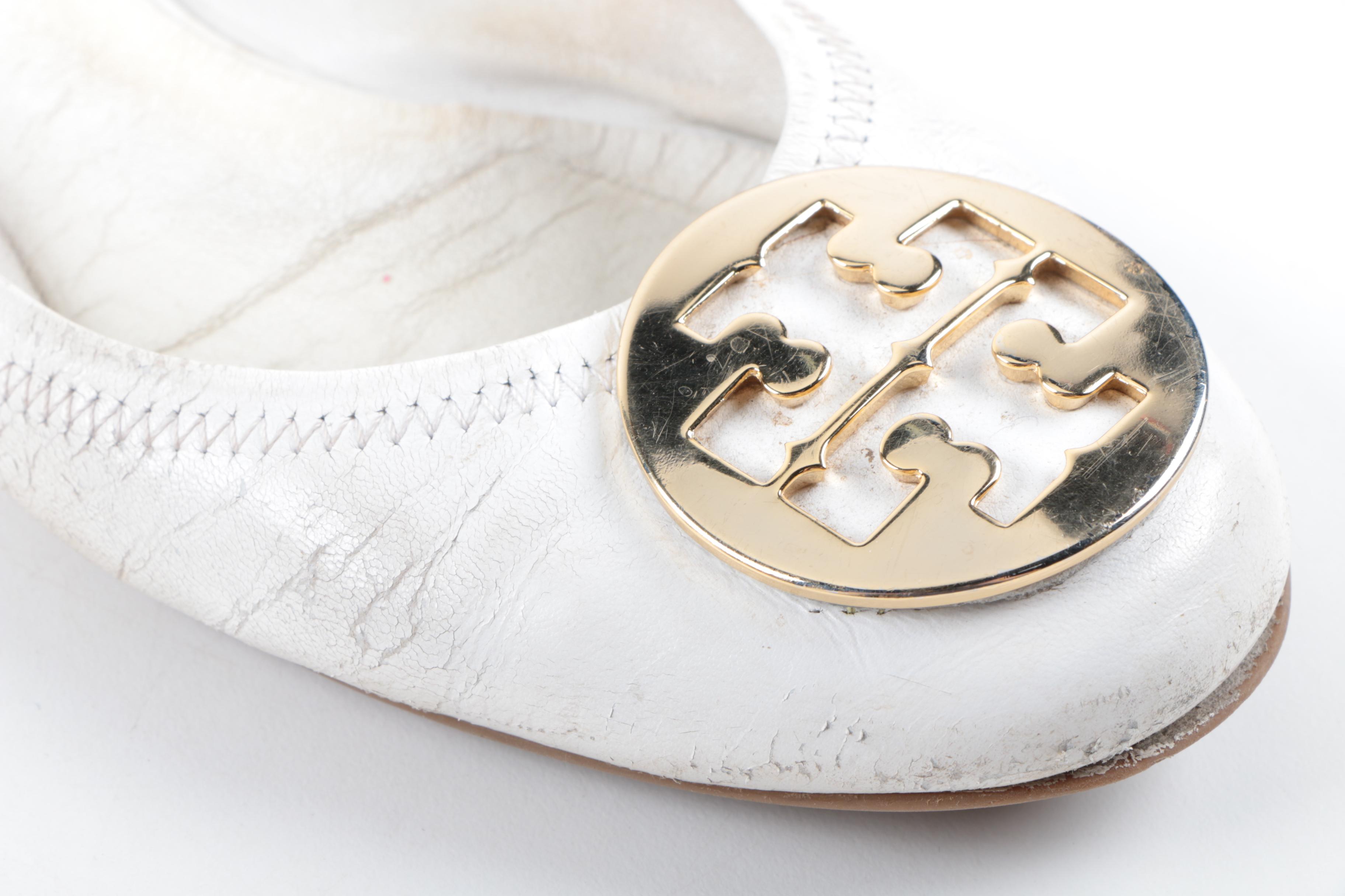 Tory Burch Reva Ballet White Leather Flats
