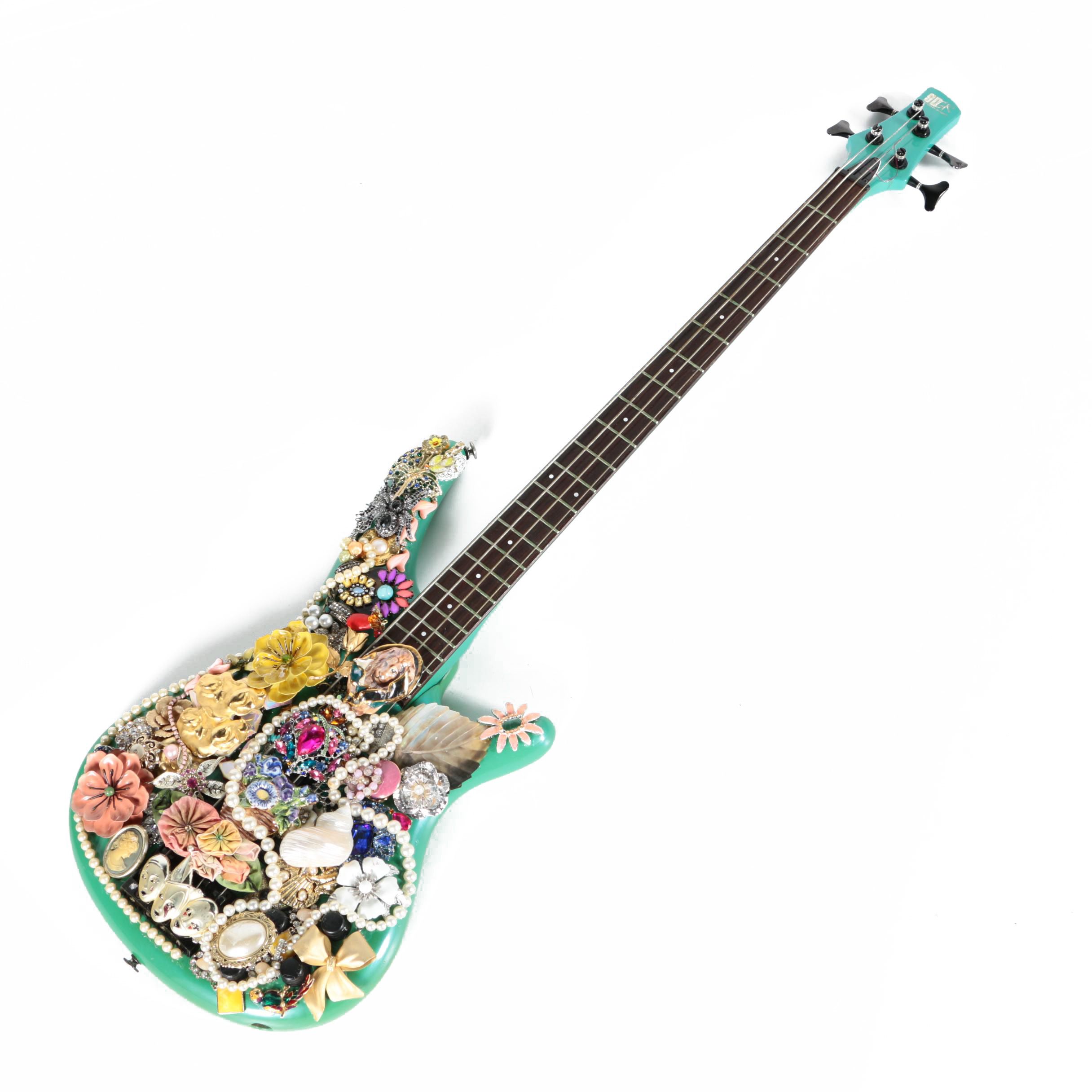 Decorative Ibanez Soundgear Electric Bass Embellished with Vintage Brooches