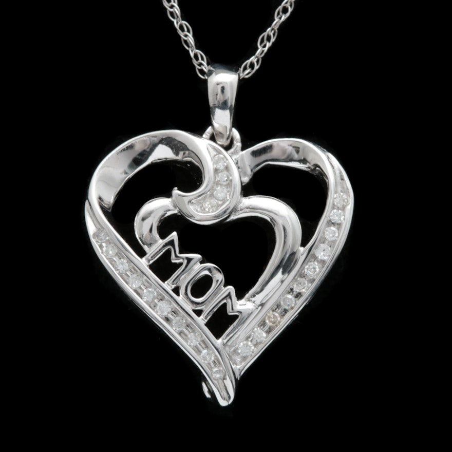 10K White Gold and Diamond "MOM" Open Heart Pendant with Chain