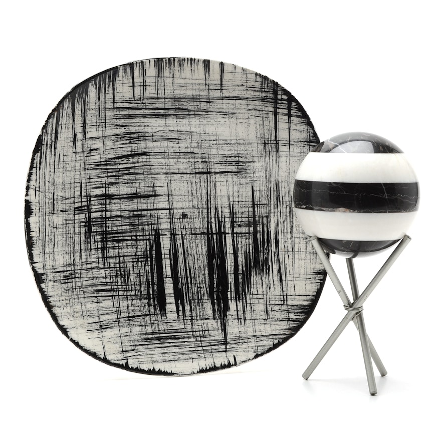 Decorative Platter And Marble Orb With Stand