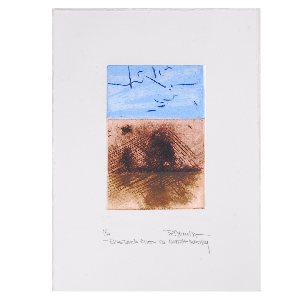 Robert Lewellyn Intaglio Print "Blue Duck Flies To North Country"