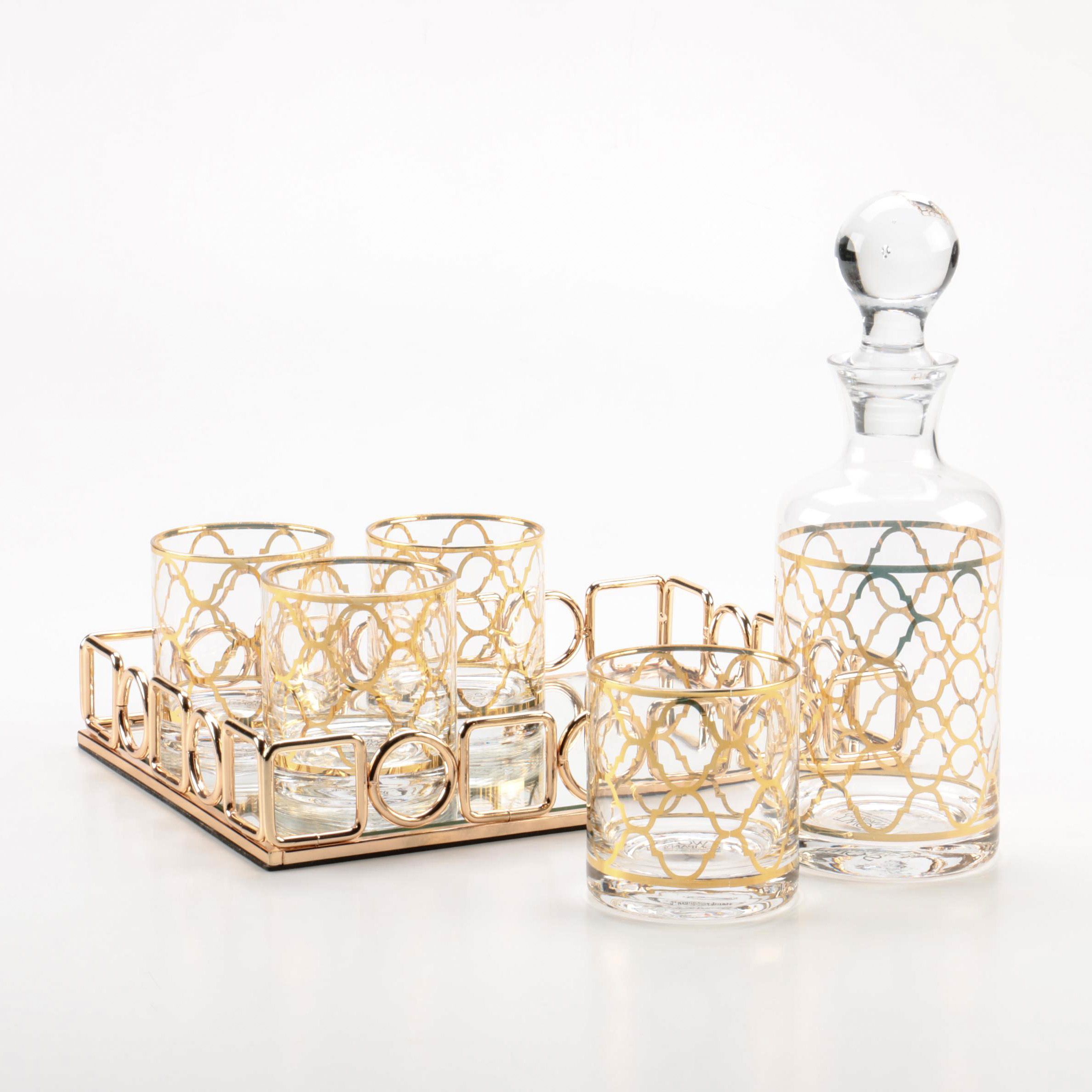 Two's Company Gilded Decanter Set with Mirrored Tray