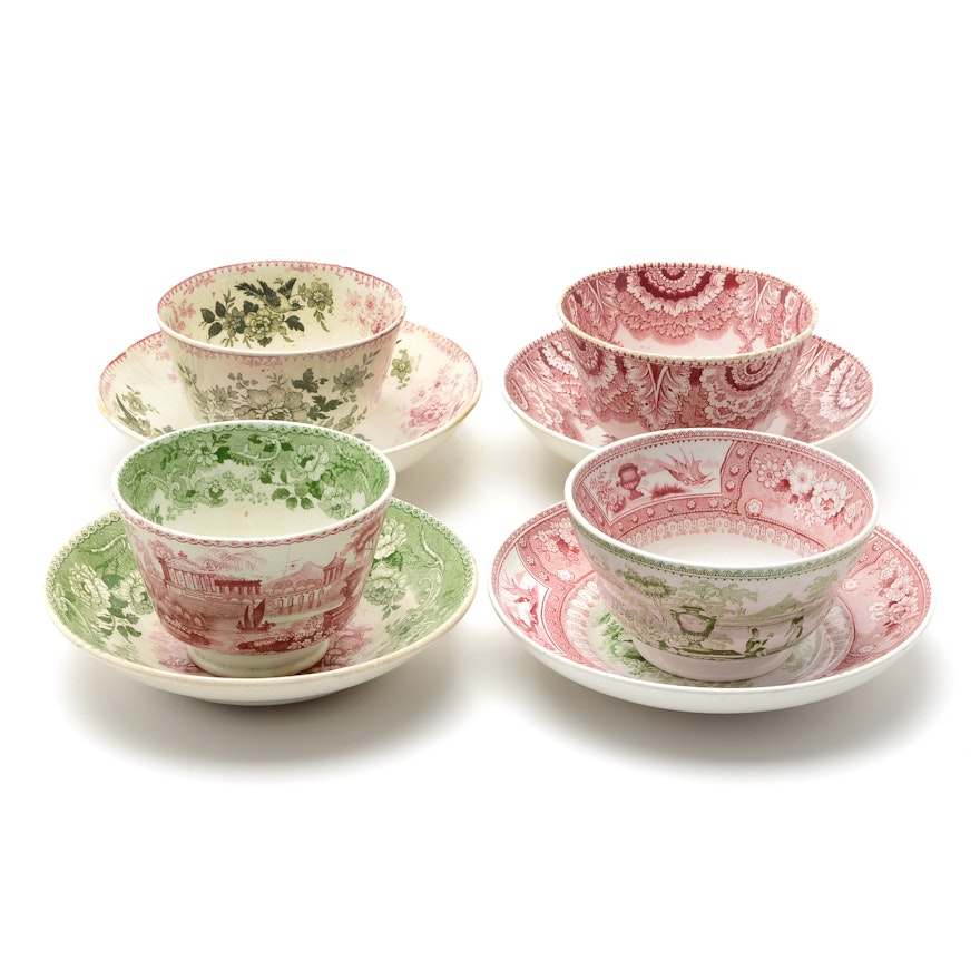 Antique Bi-Color Staffordshire Transferware Tea Bowls and Saucers