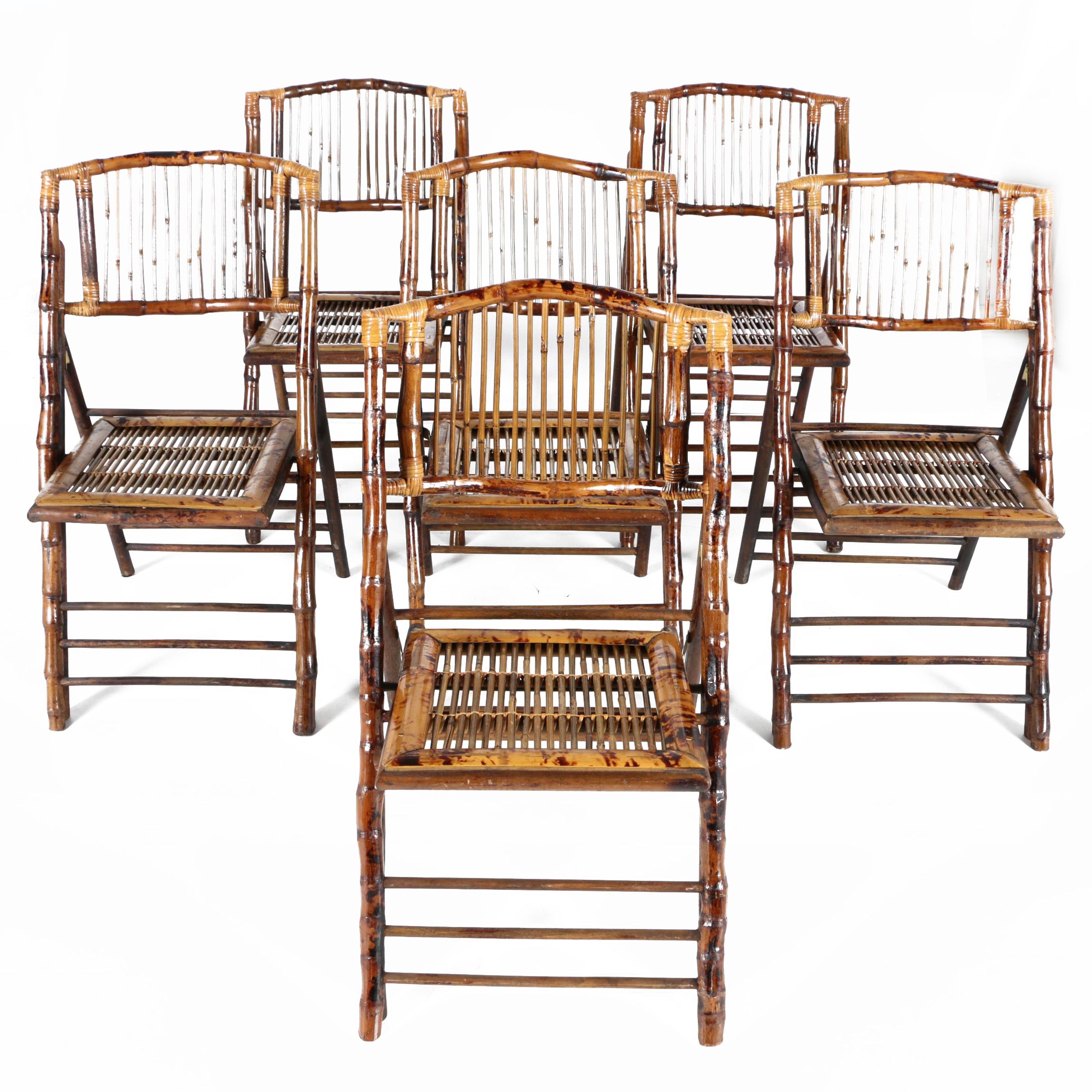 Six Wooden Folding Chairs with Reed and Bamboo Motif