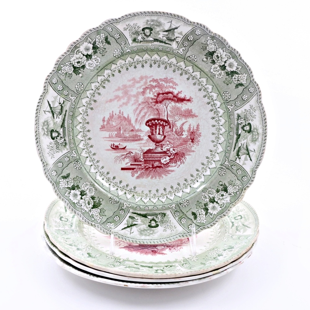 Antique Bi-Color Staffordshire Transferware Dinner Plates in "Canova" Pattern