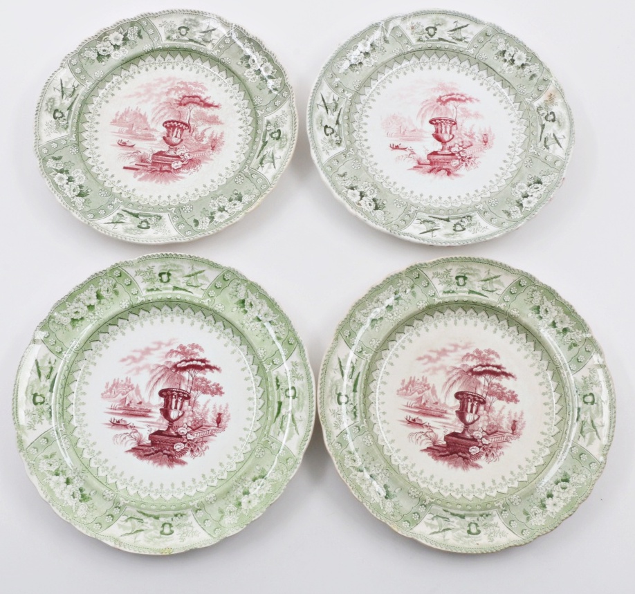 Antique Bi-Color Staffordshire Transferware Dinner Plates in "Canova" Pattern