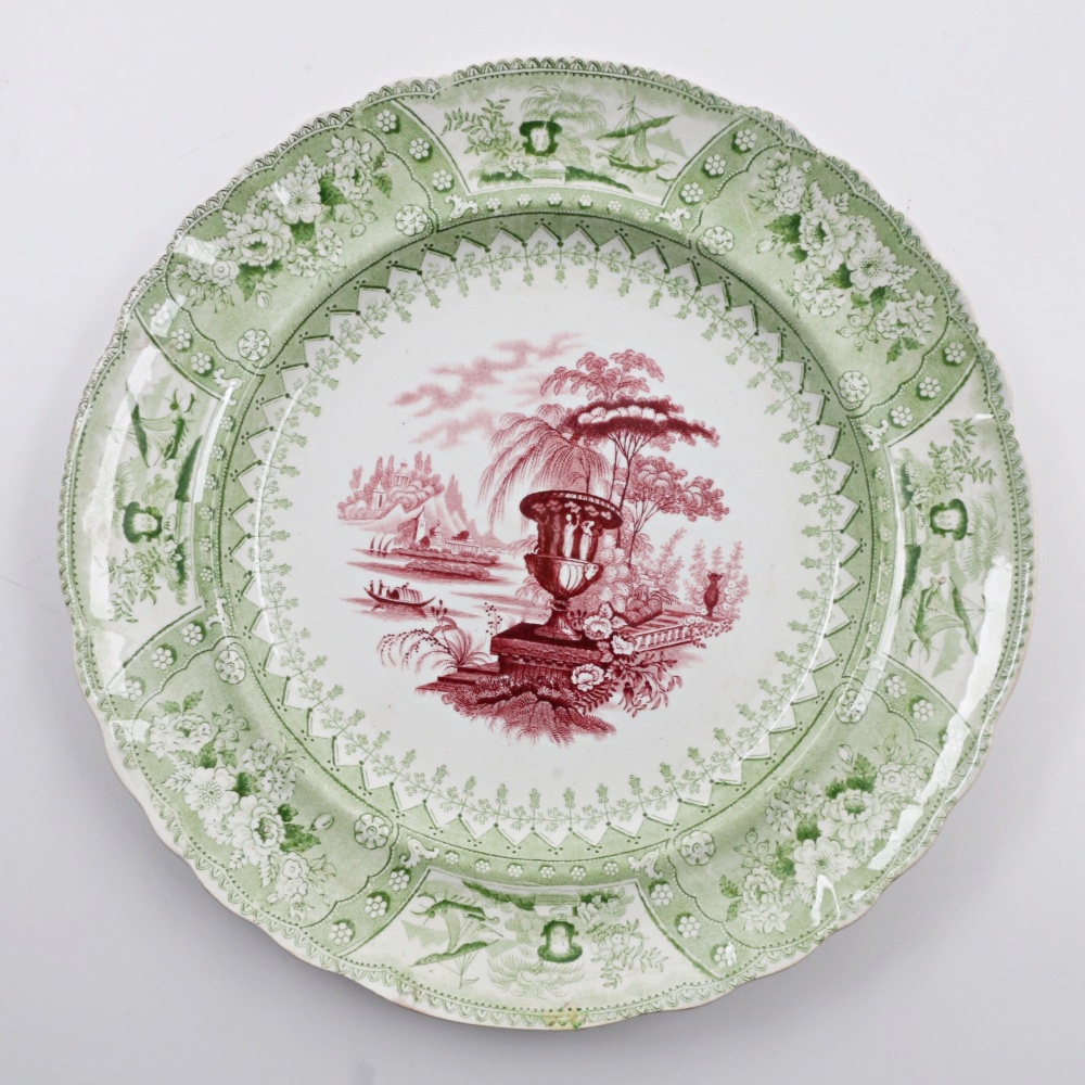 Antique Bi-Color Staffordshire Transferware Dinner Plates in "Canova" Pattern