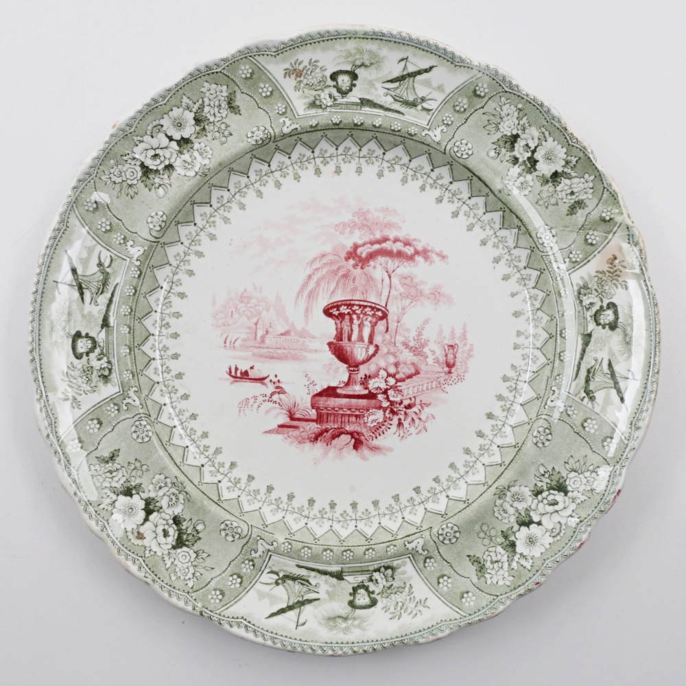 Antique Bi-Color Staffordshire Transferware Dinner Plates in "Canova" Pattern