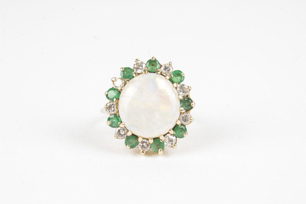 14K Yellow Gold Opal, Diamond, and Emerald Ring