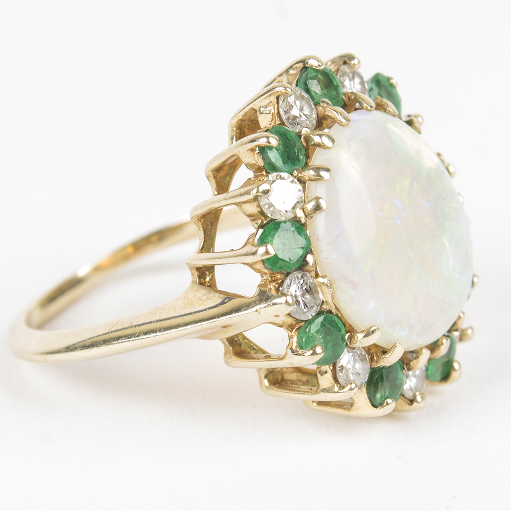 14K Yellow Gold Opal, Diamond, and Emerald Ring