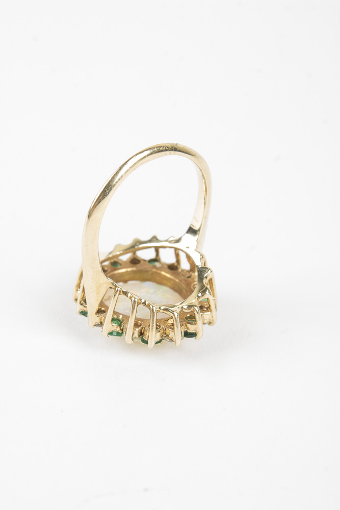 14K Yellow Gold Opal, Diamond, and Emerald Ring