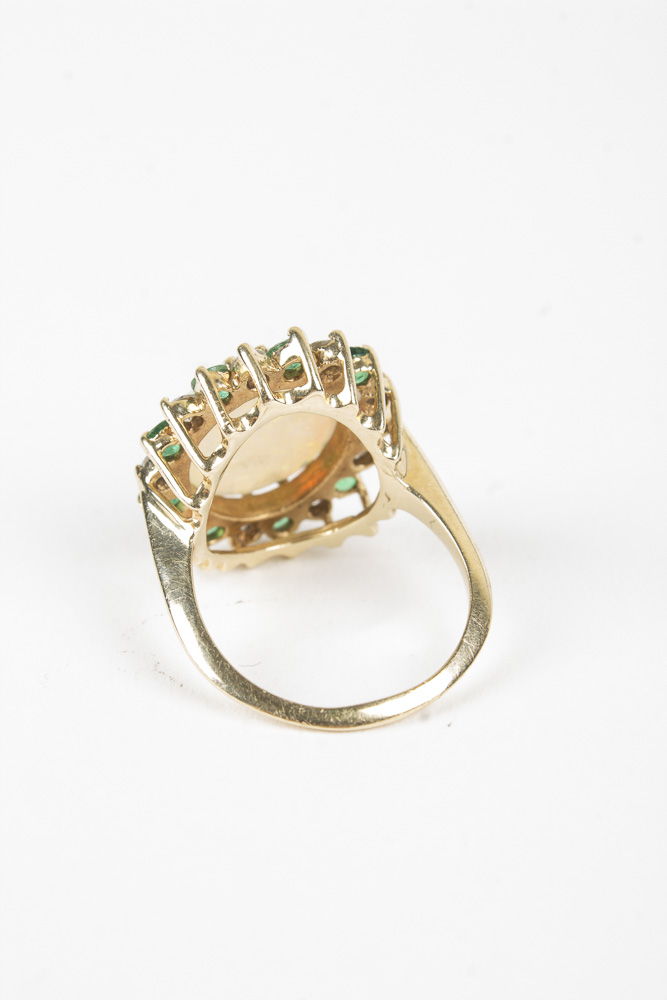 14K Yellow Gold Opal, Diamond, and Emerald Ring