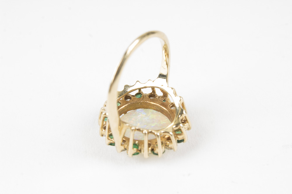 14K Yellow Gold Opal, Diamond, and Emerald Ring