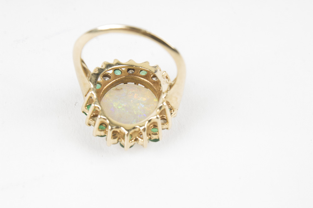 14K Yellow Gold Opal, Diamond, and Emerald Ring