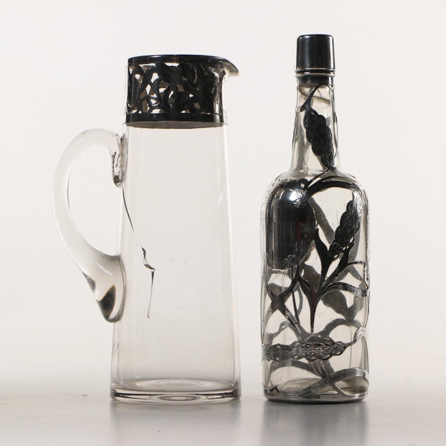 Glass Ewer and Bottle with Silver Overlay