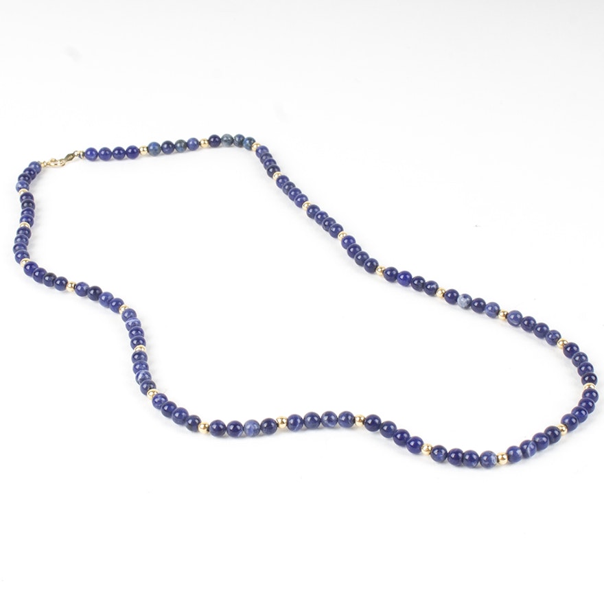 14K Yellow Gold Sodalite Bead Necklace