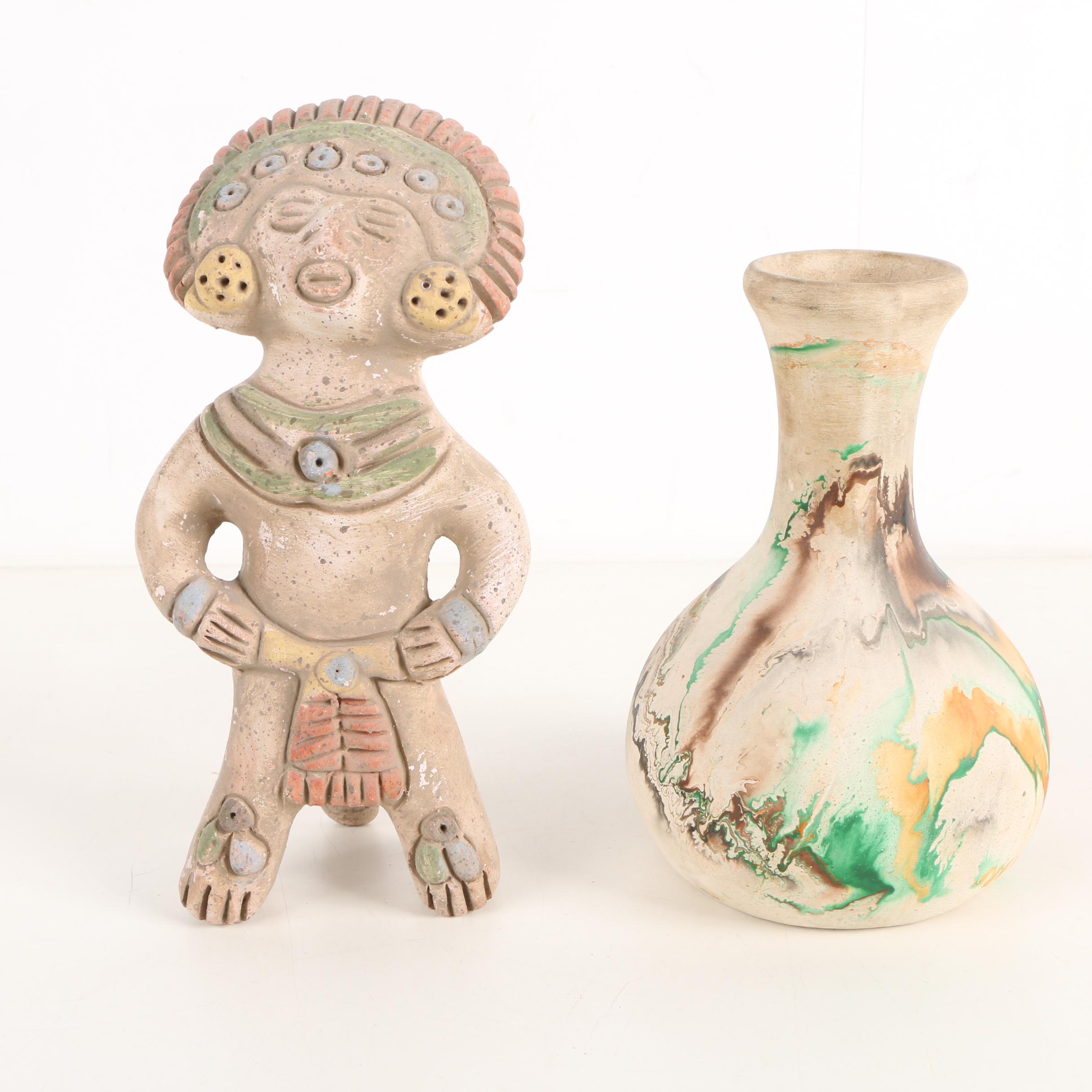 Vintage Nemadji Art Pottery Vase and Pre-Columbian Style Ceramic Figurine