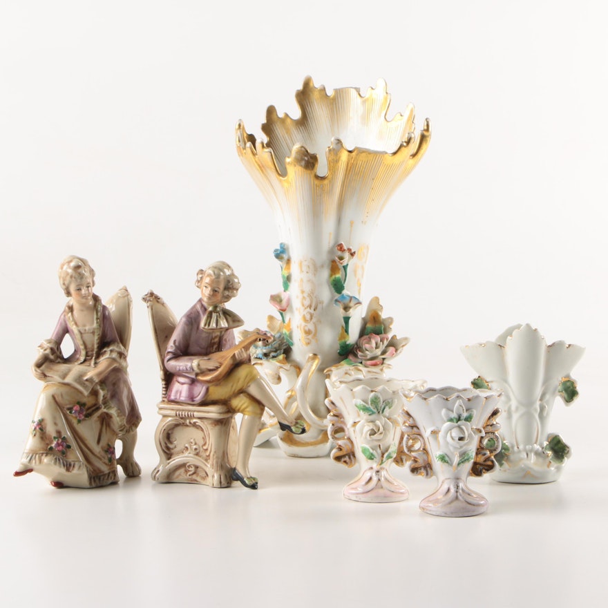 Porcelain Floral Vases with Figurines
