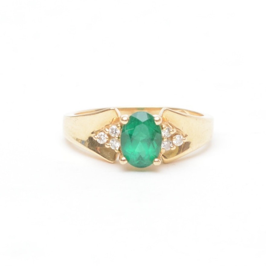 14K Yellow Gold Synthetic Emerald Ring with Diamonds