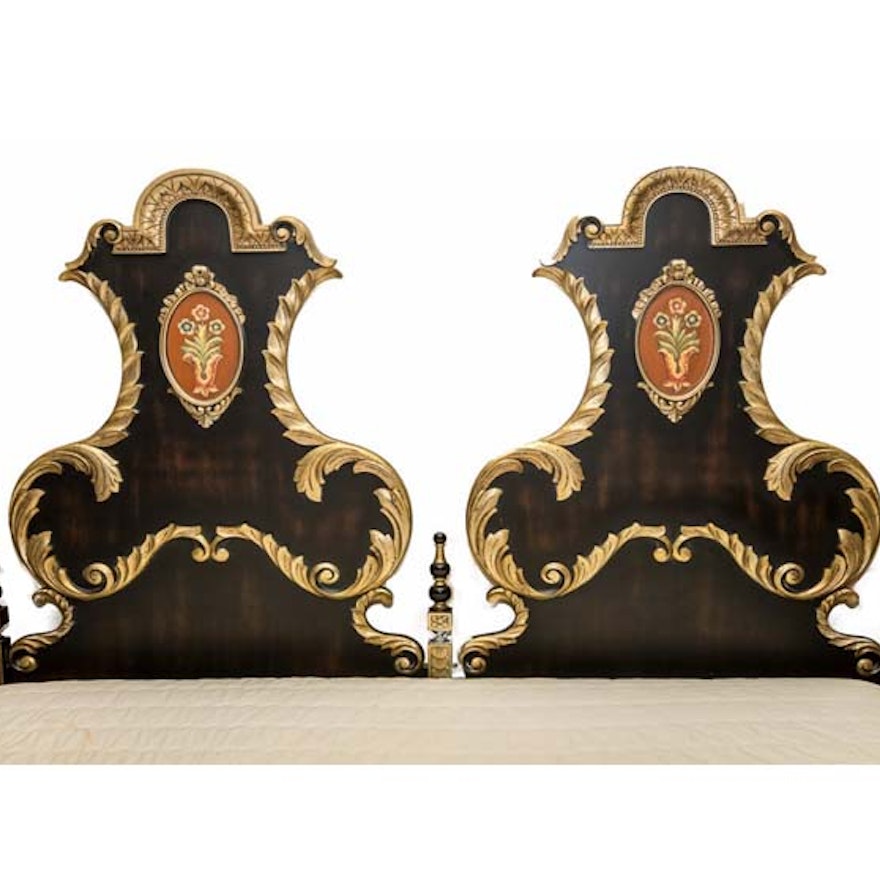 Italian Style Painted and Gilded California King Size Headboard with Bed Frame