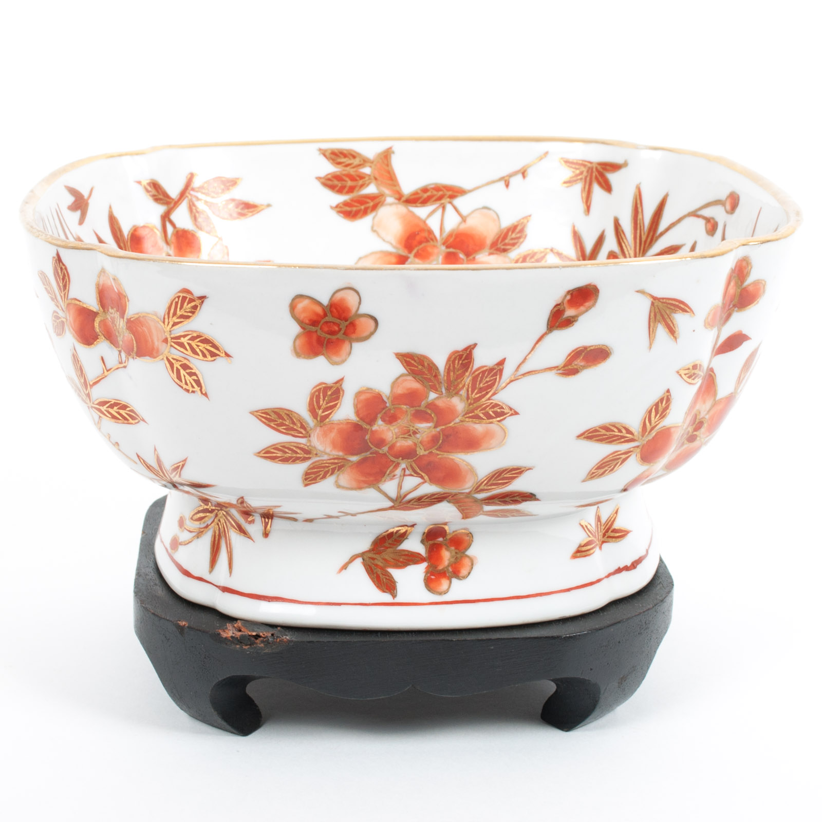 Vintage Y. Y. Japanese Orange and Gilt Floral and Cricket Porcelain Ware Bowl