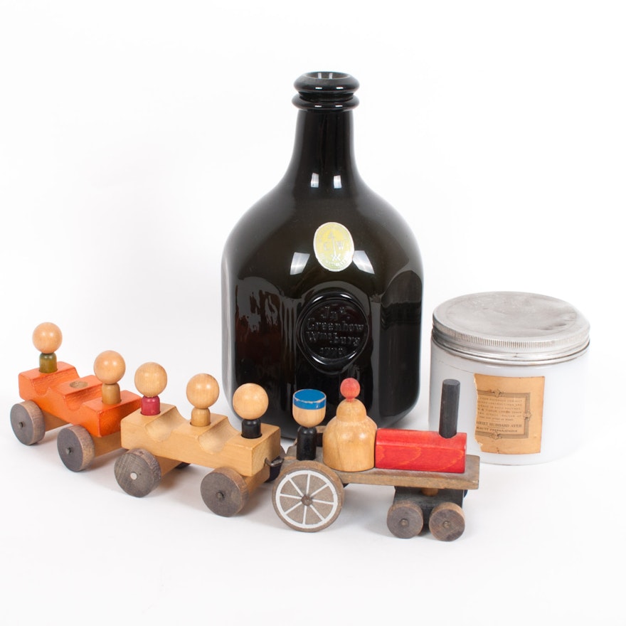 Williamsburg Bottle Harriet Hubbard Ayer Jar and Folk Art Wood Train