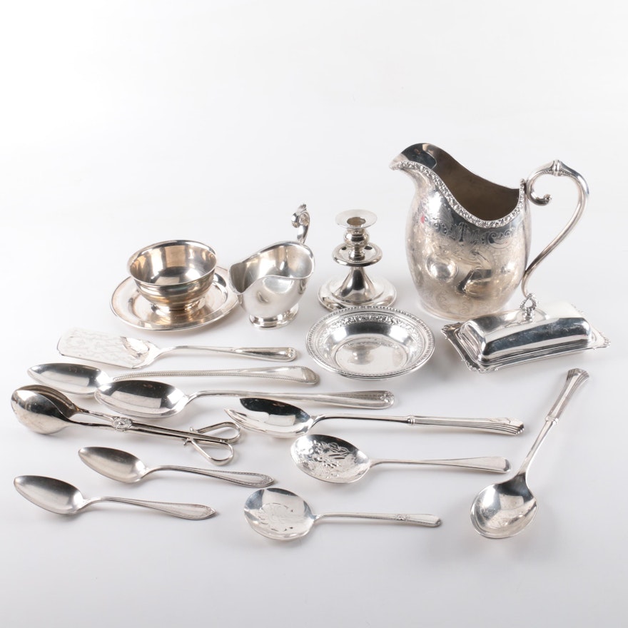 Silver Plate Engraved Pitcher and Other Silver Plate Serveware