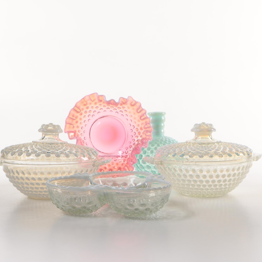 Anchor Hocking Opalescent "Moonstone" Bowls, Dish and Bottle, Circa 1942-1946