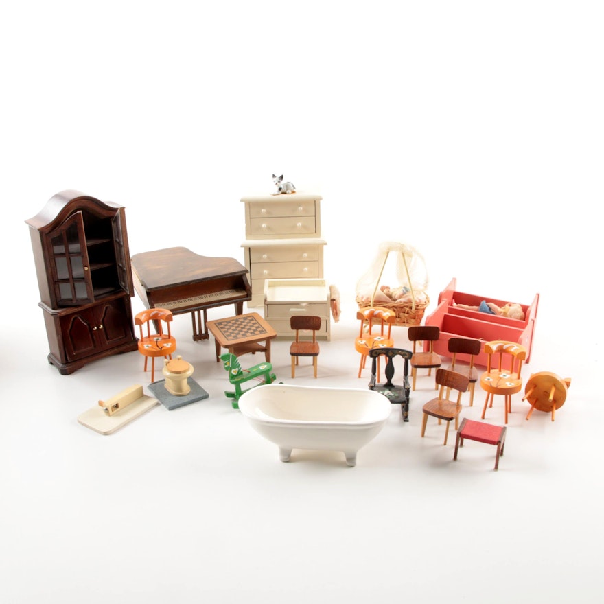Vintage Wooden Dollhouse Furniture and Music Boxes