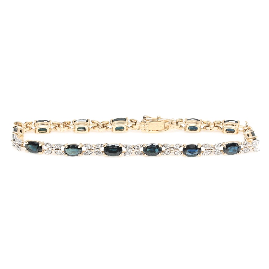 14K Yellow Gold Blue Sapphire and Diamond Bracelet