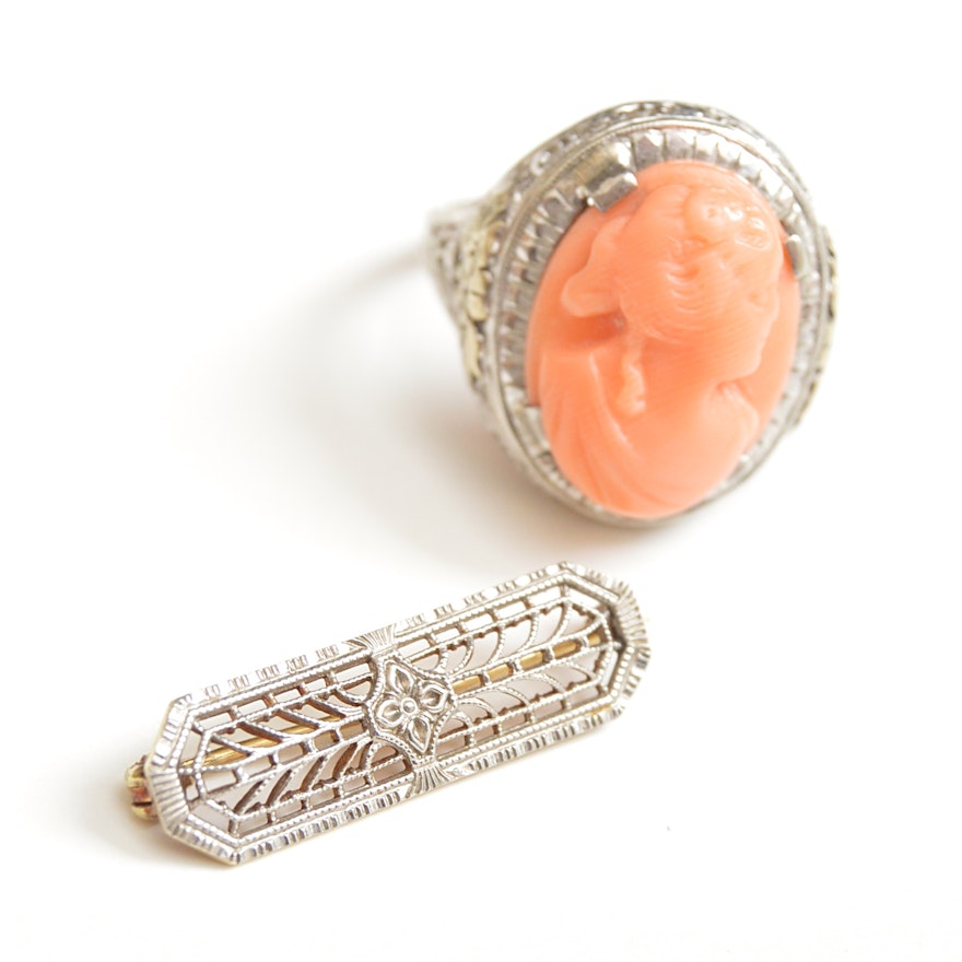Antique 14K White Gold and Coral Ring and 14K White Gold Filigree Brooch