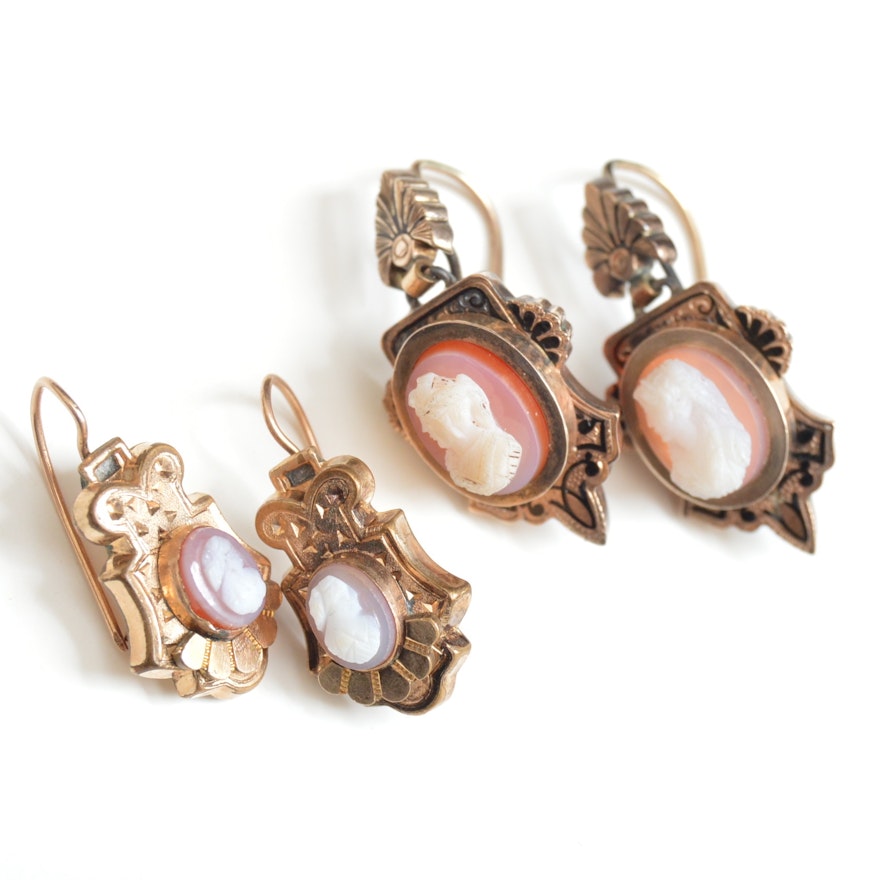 Victorian 10K Yellow Gold and Agate Cameo Pierced Earrings