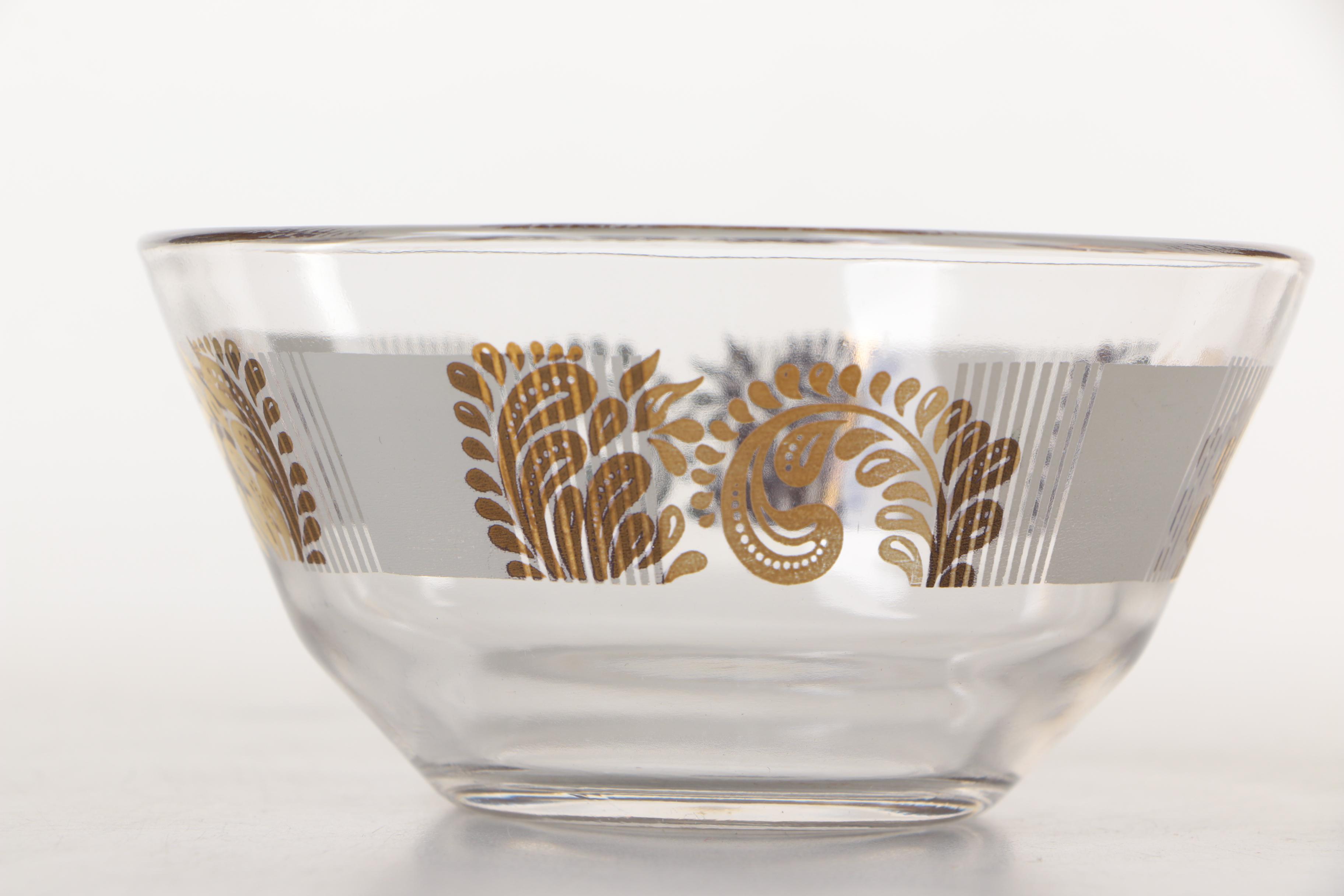 Vintage Mid Century Frosted Glass Salad Bowl Set with Gold Leaves and