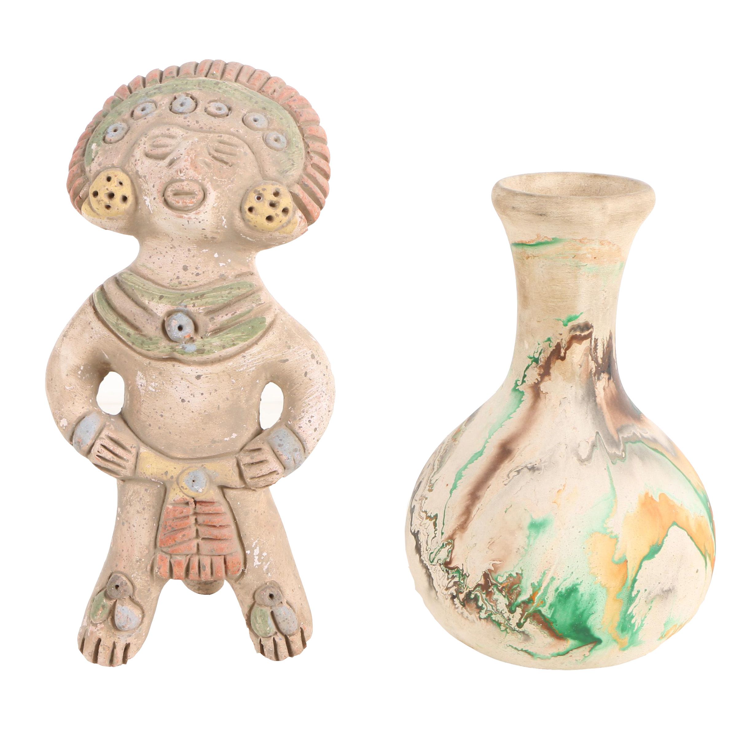 Vintage Nemadji Art Pottery Vase and Pre-Columbian Style Ceramic Figurine