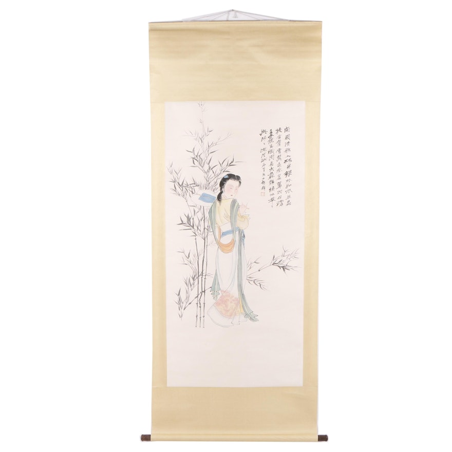 Chinese Gouache Hanging Scroll of a Woman