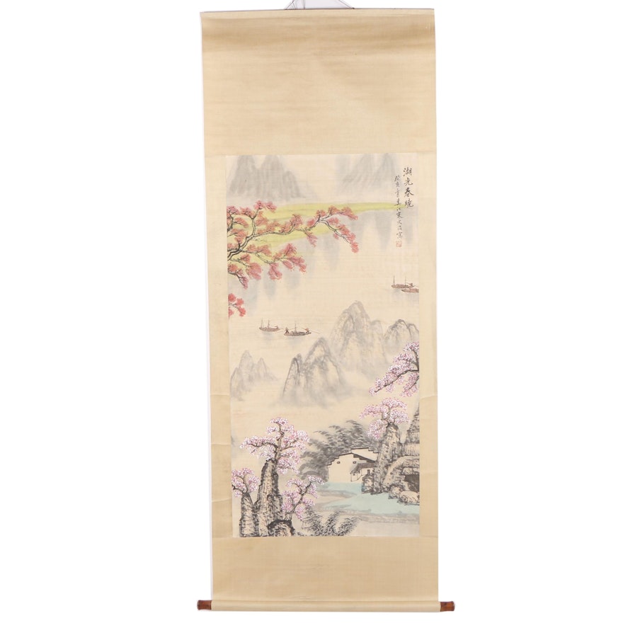 Chinese Gouache and Ink Wash Hanging Scroll of Spring Landscape