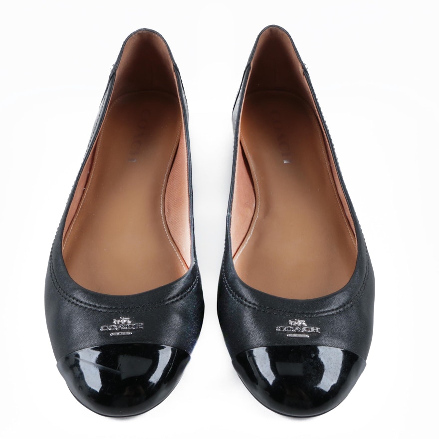 Coach Black Leather Flats with Patent Leather Toe Caps