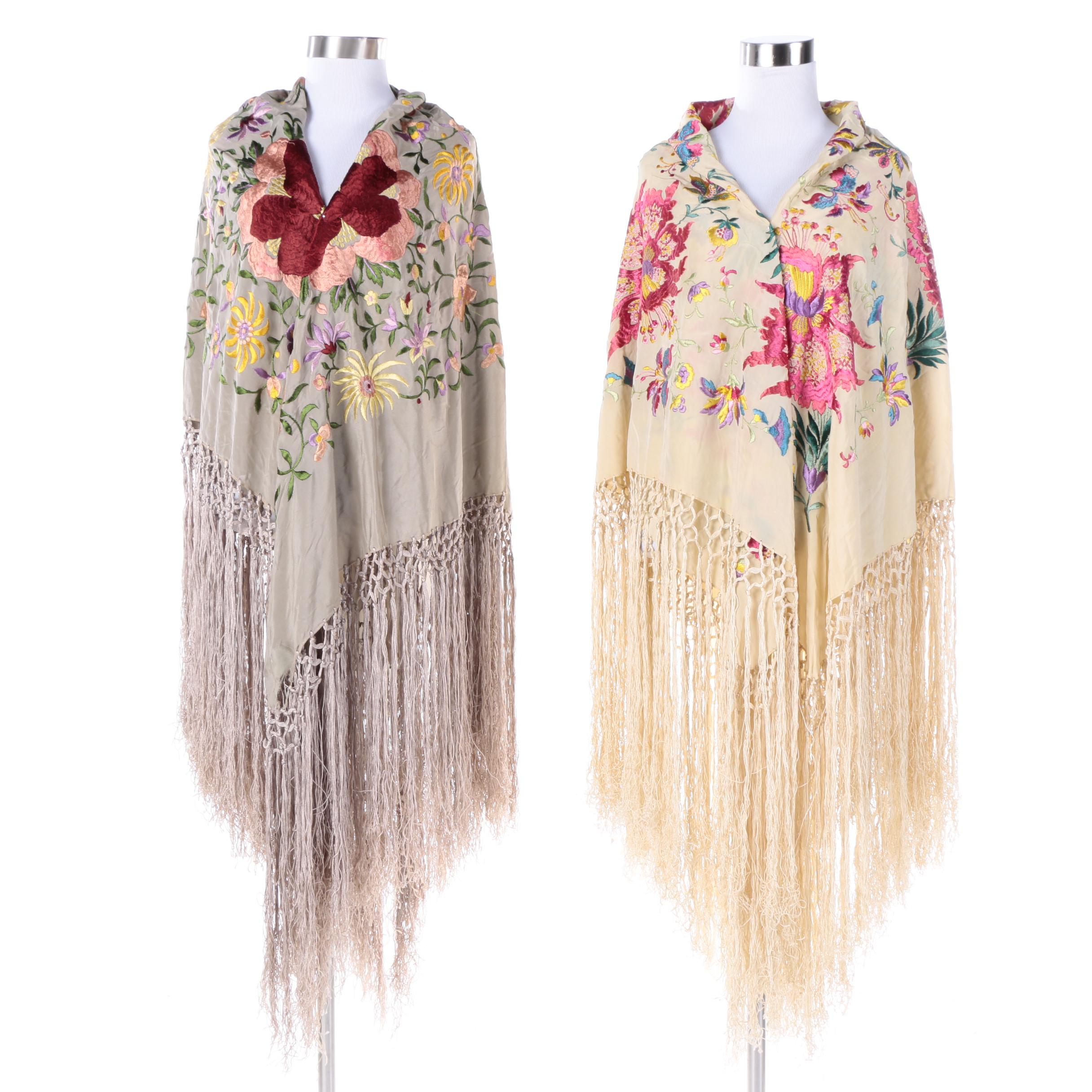 Vintage Lavishly Embroidered Silk Piano Shawls with Hand Knotted Fringe