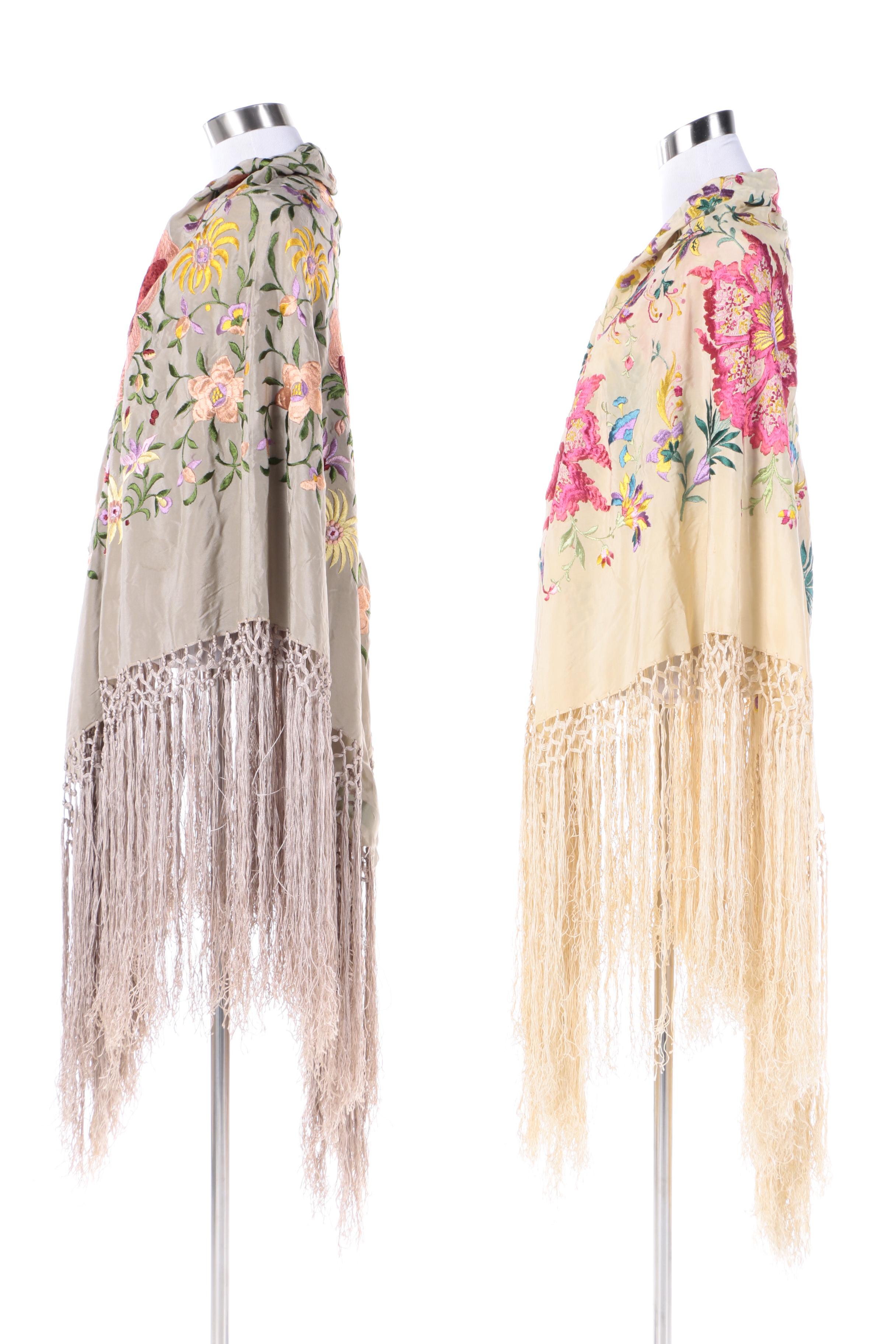Vintage Lavishly Embroidered Silk Piano Shawls with Hand Knotted Fringe