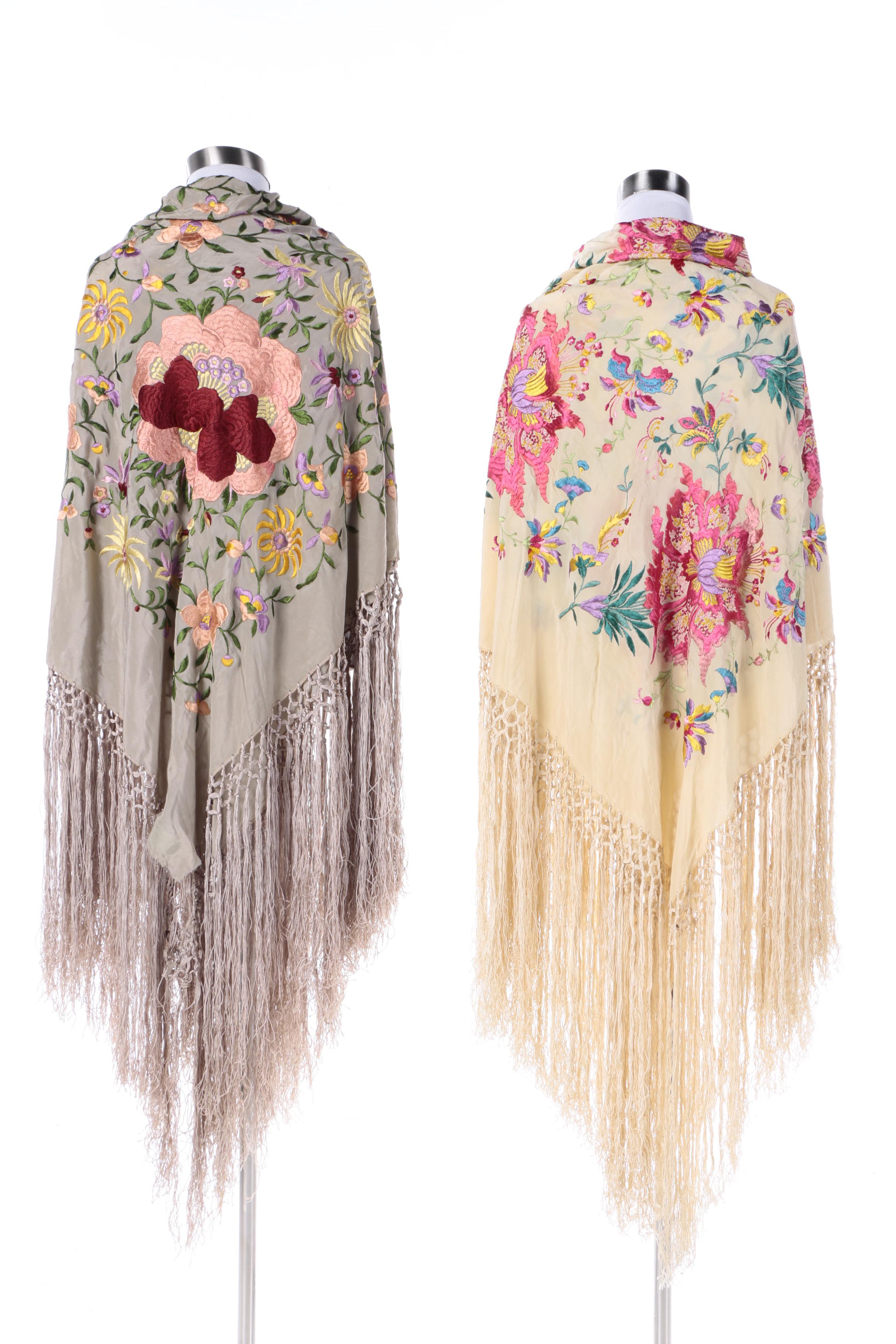 Vintage Lavishly Embroidered Silk Piano Shawls with Hand Knotted Fringe