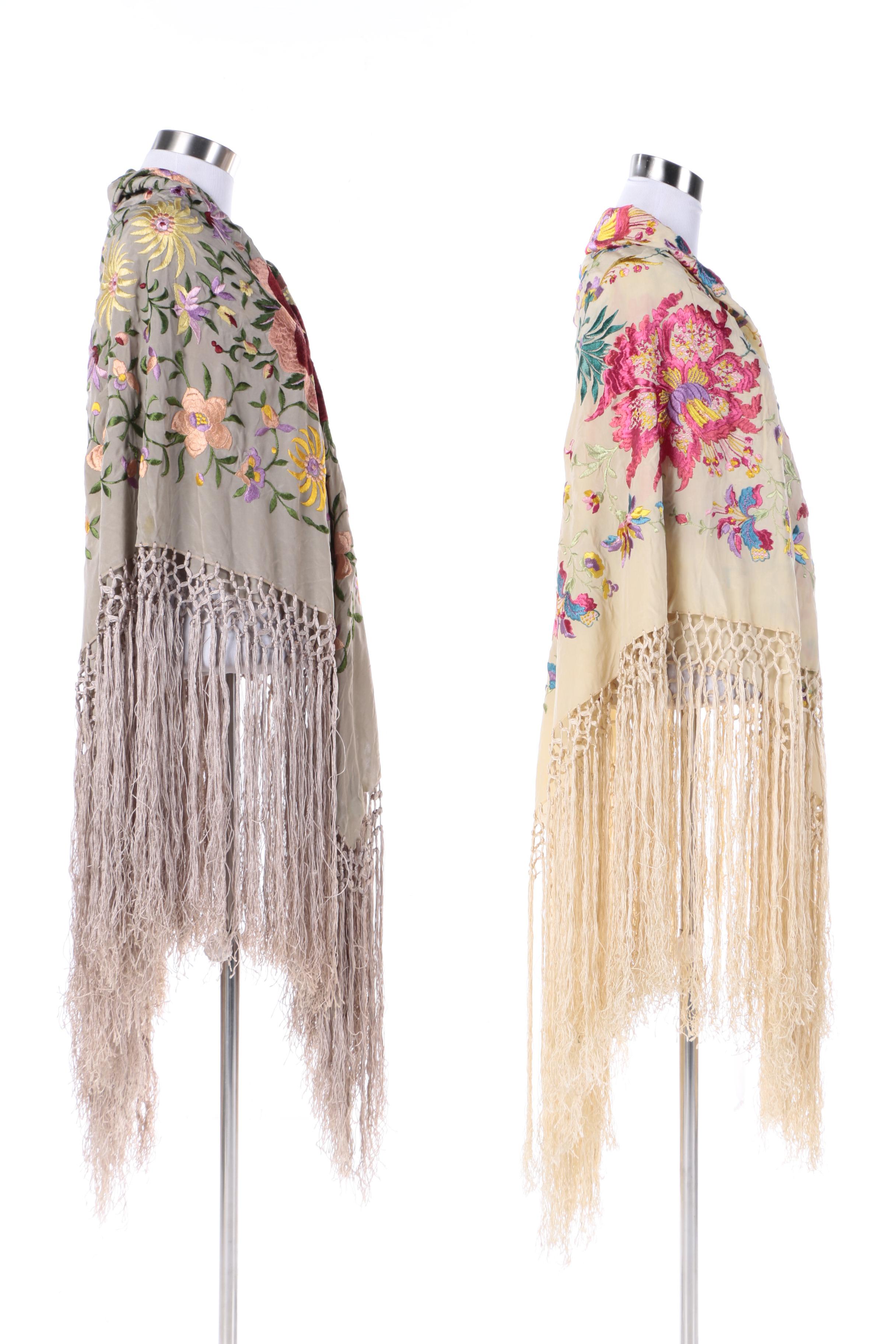 Vintage Lavishly Embroidered Silk Piano Shawls with Hand Knotted Fringe