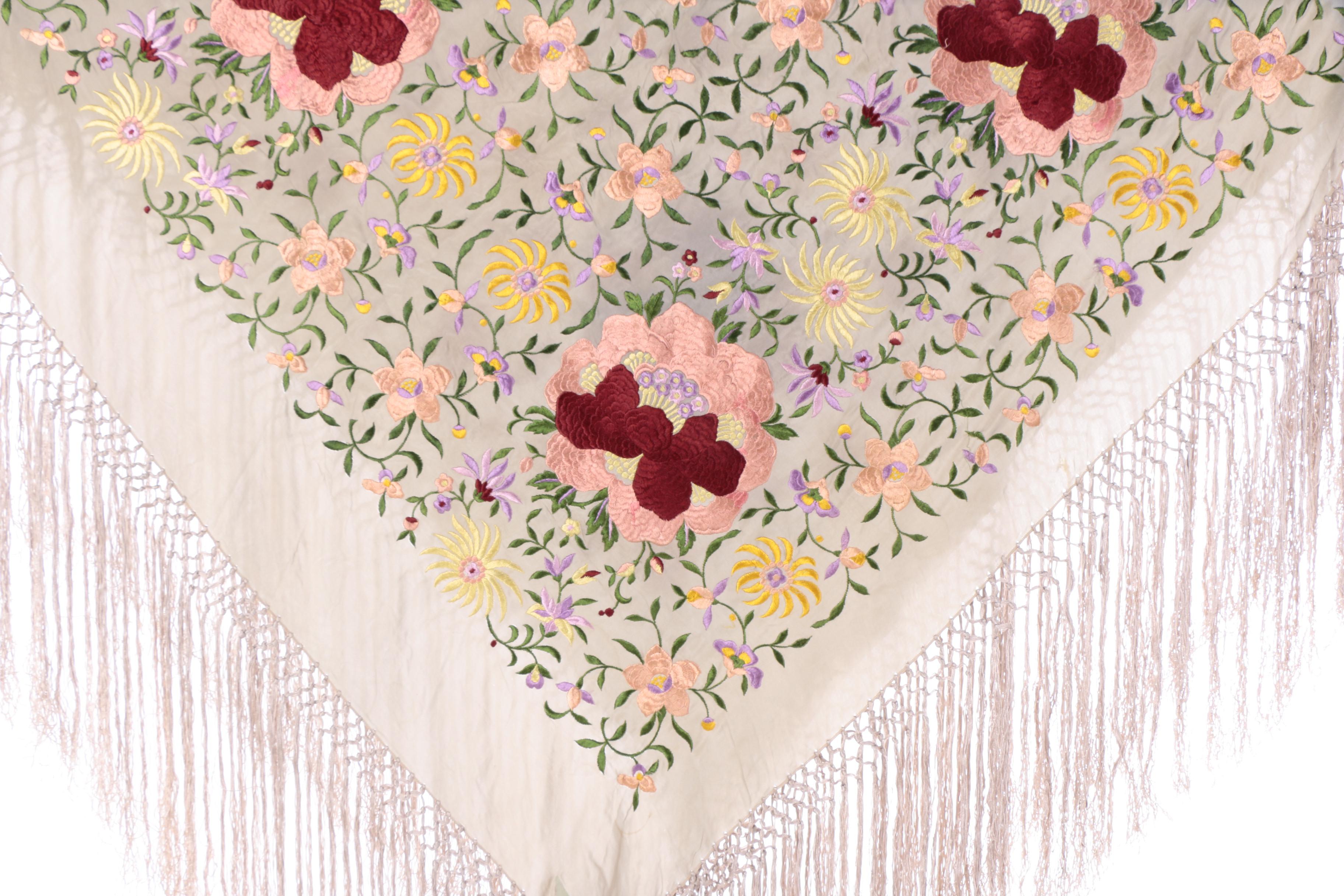 Vintage Lavishly Embroidered Silk Piano Shawls with Hand Knotted Fringe