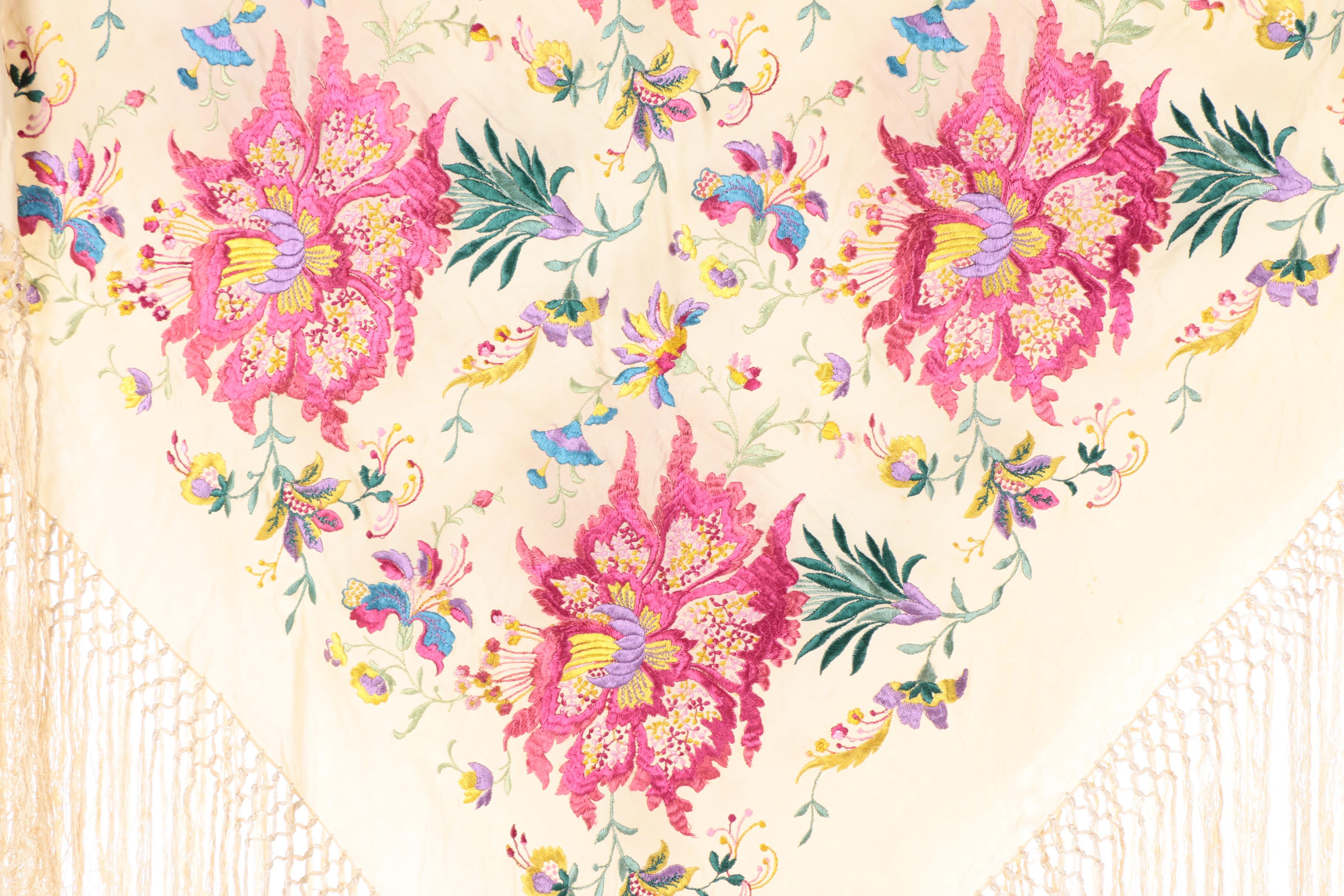 Vintage Lavishly Embroidered Silk Piano Shawls with Hand Knotted Fringe