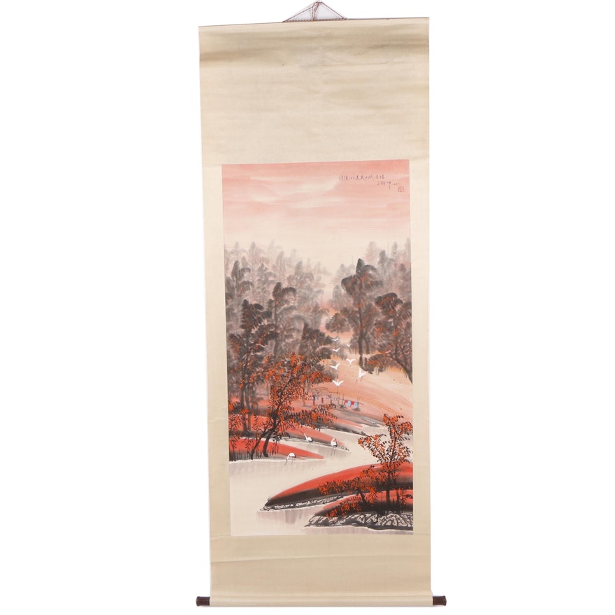 Chinese Gouache Hanging Scroll of River Landscape with Cranes
