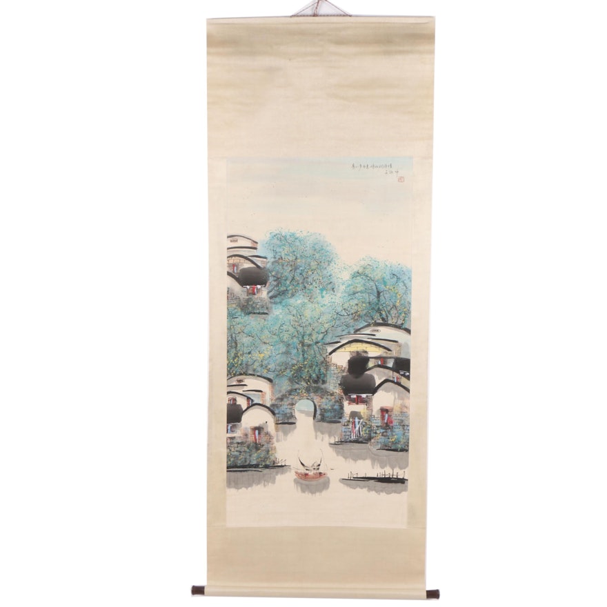 Chinese Gouache and Ink Painting on Hanging Scroll