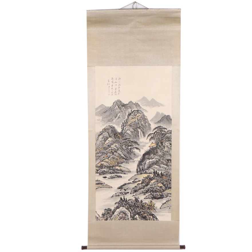 Chinese Ink and Gouache Landscape Hanging Scroll