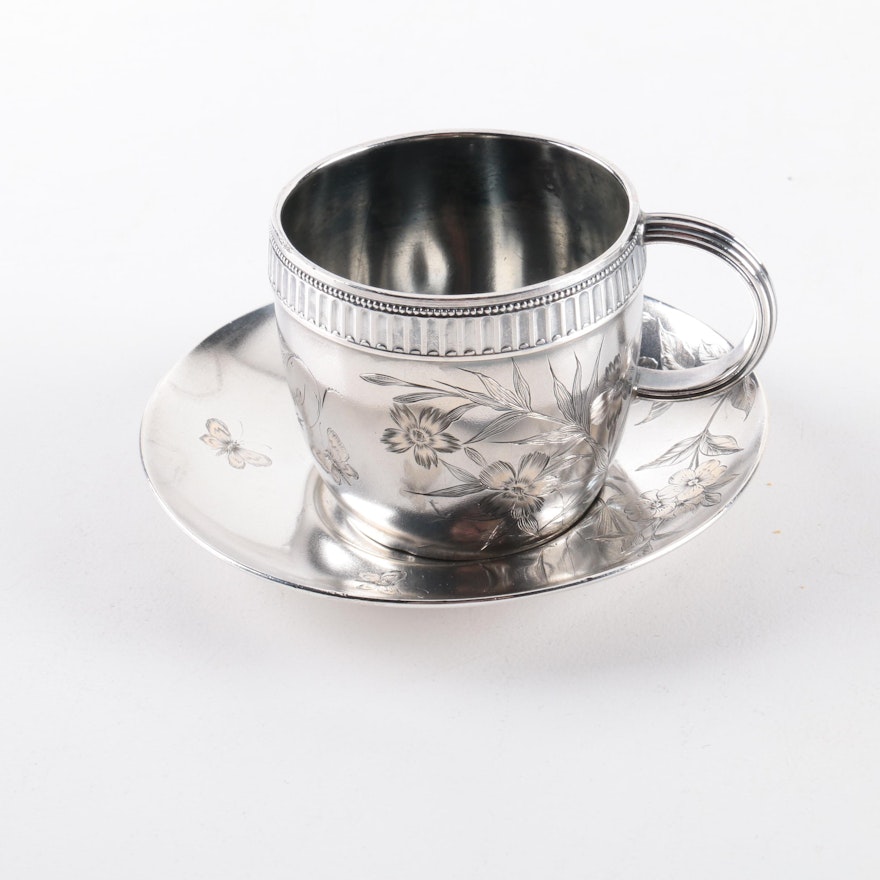1882 Gorham Floral Chased Sterling Silver Demitasse Cup and Saucer